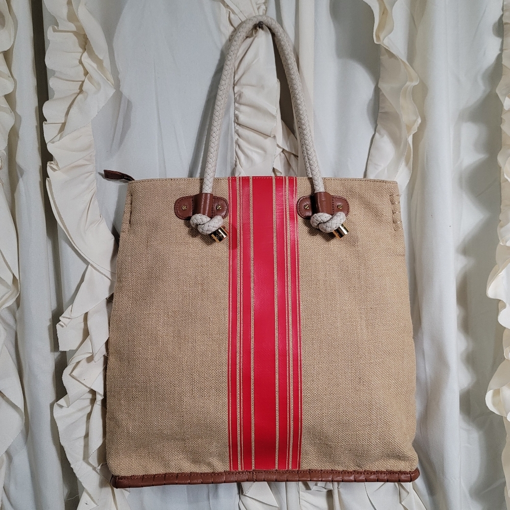Tory Burch Stripe Shopper Natural/Red Volcano Burlap Tote *RARE* - Picture 7 of 13